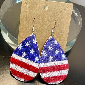 USA American Flag Fourth of July 4th Droplet PU Leather Earrings